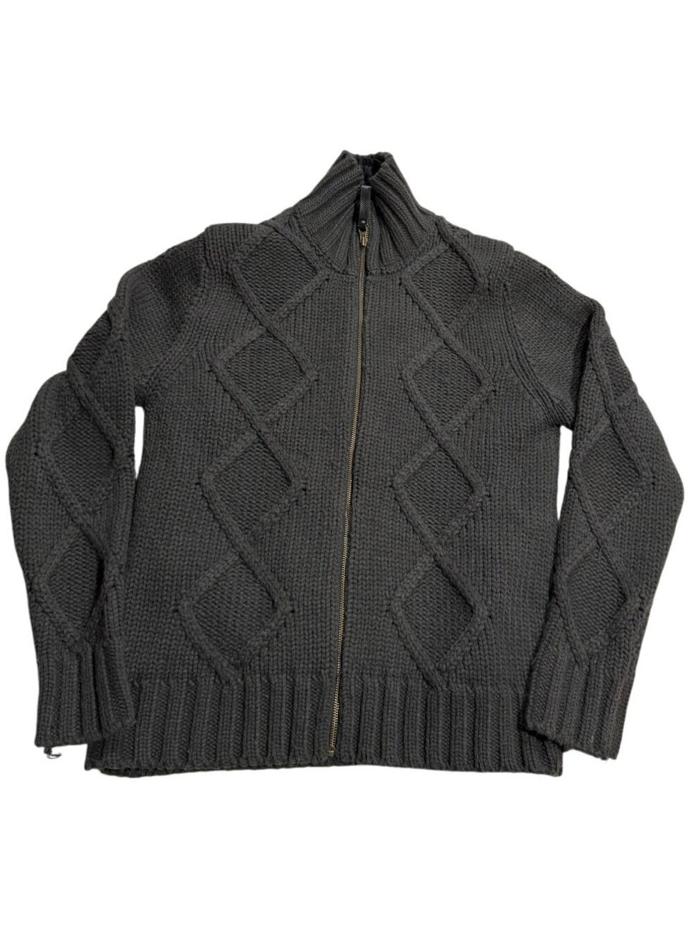 Helly Hansen Chunky Cable Knit Sweater Zip Up Wool Blend Lined Mens Large Gray